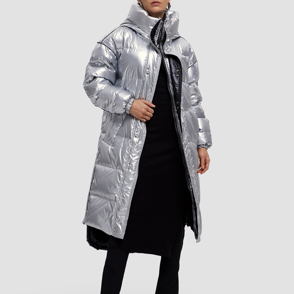 Lattelier Womens Down Maxi Puffer Jacket Silver Small NWOT